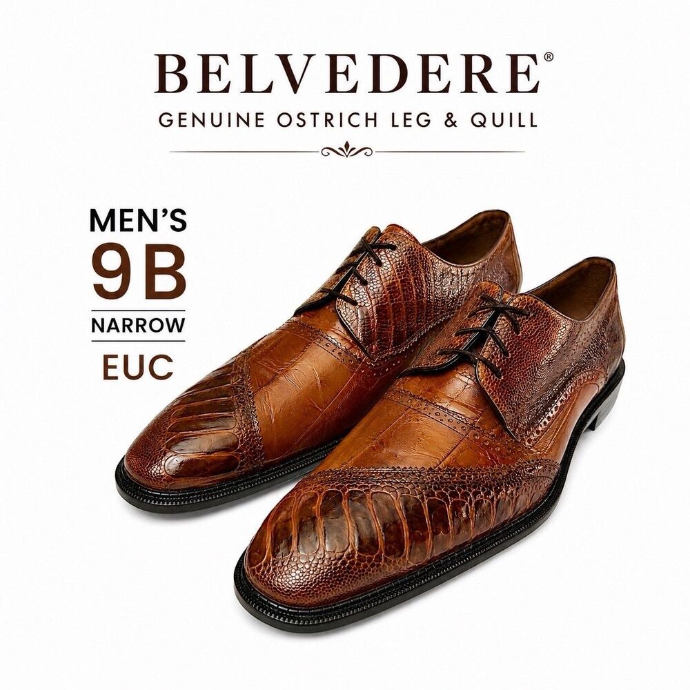 Belvedere Ostrich Leg & Quill Cognac Dress Shoes Men’s 9B Narrow EUC
